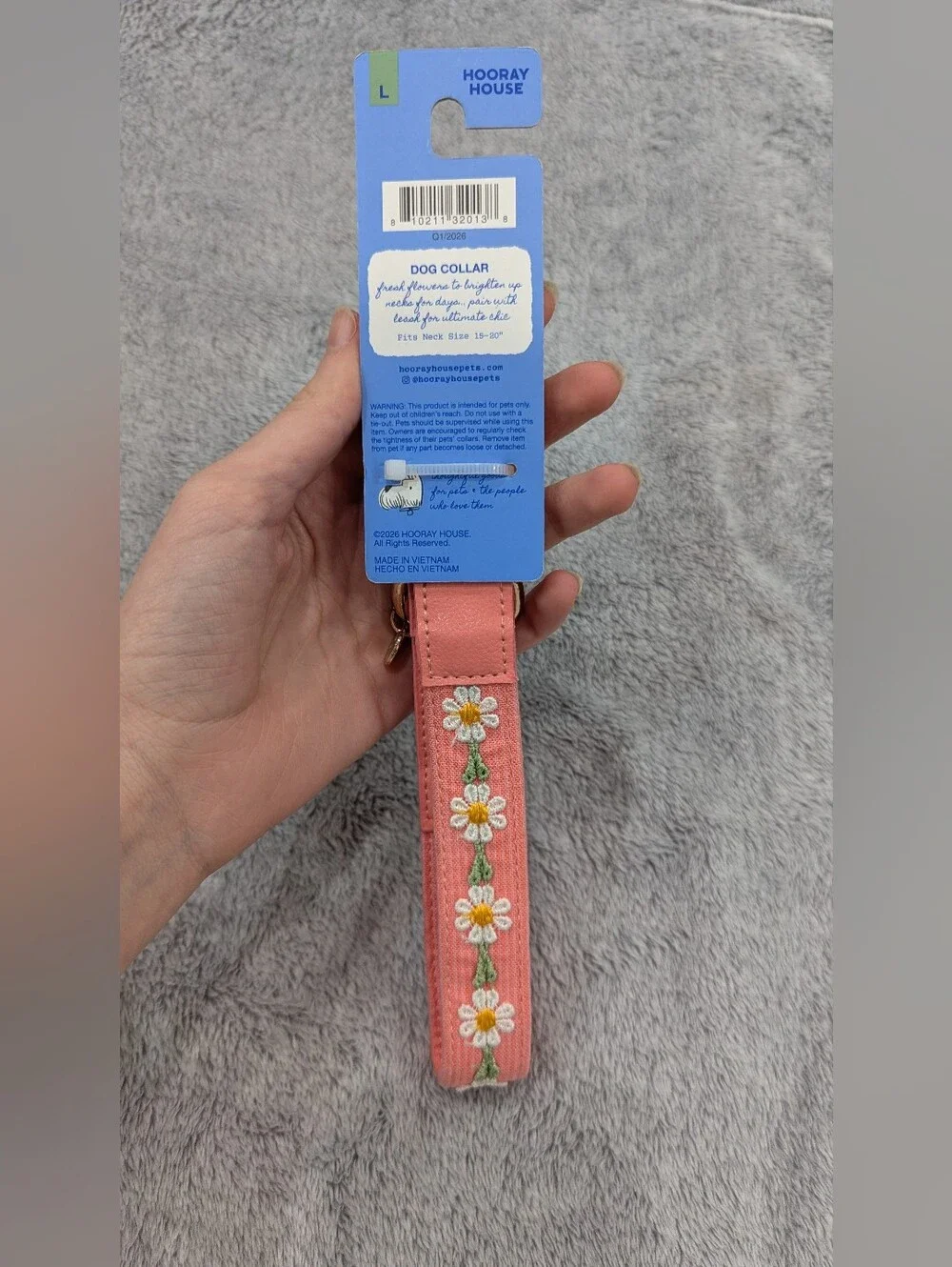 Hooray House Coral Pink Daisy Embroidered Dog Collar with Gold Hardware